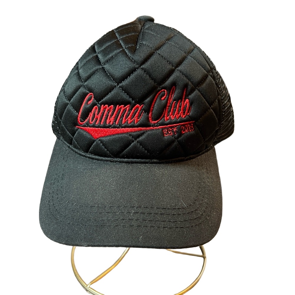 Comma Club Quilted Trucker Hat Black Red Embroidered Snapback Mesh Cap OSFM